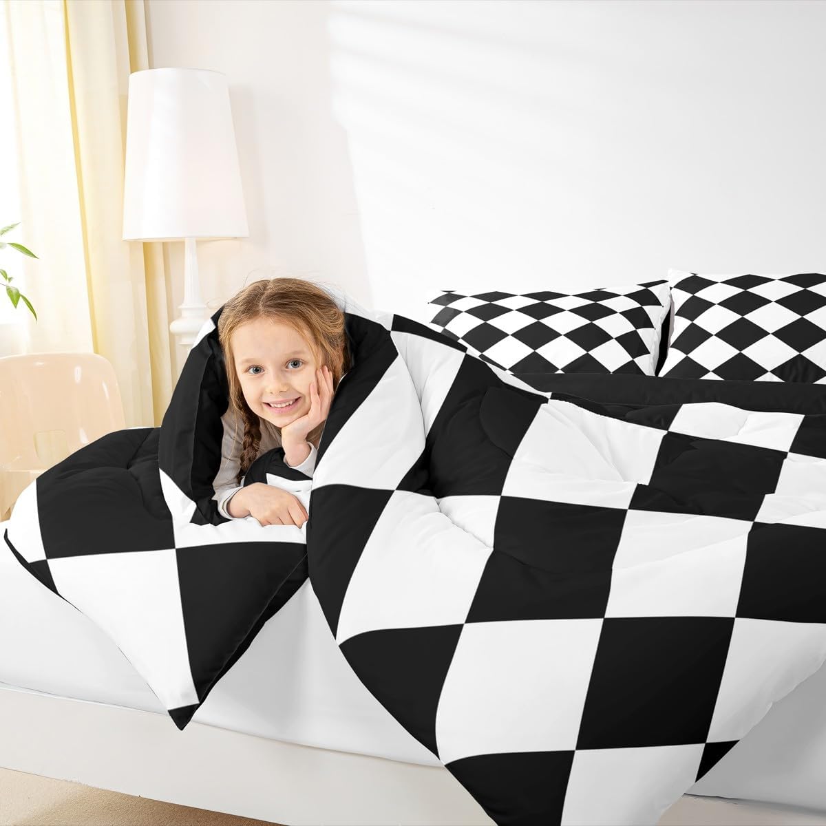 Feelyou Checkered Retro Comforter Set Full Size Black White Plaid Bedding Set Geometric Vintage Duvet Quilt Modern Simple Groovy Aesthetic Bedroom Decor Black White 3 Pcs with 2 Pillow Cases