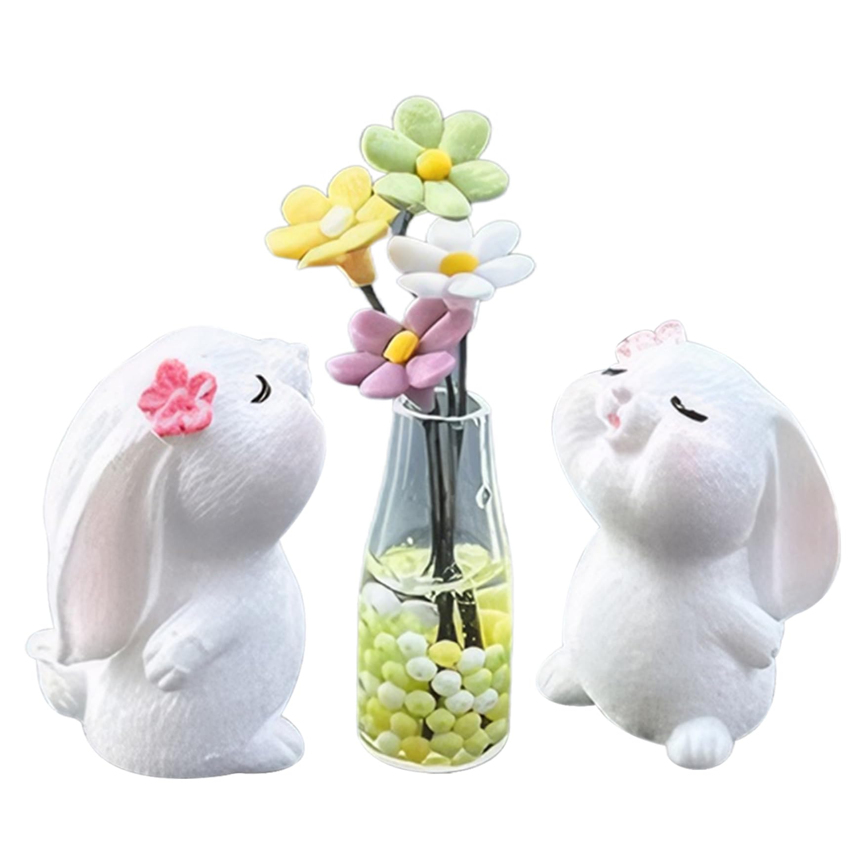 Wedhapy 3 PCS Car Dashboard Accessories Cute Bunny and Daisy Flower Vase Car Rearview Mirror Ornament Funny Car Decorations Interior for Women Home Office