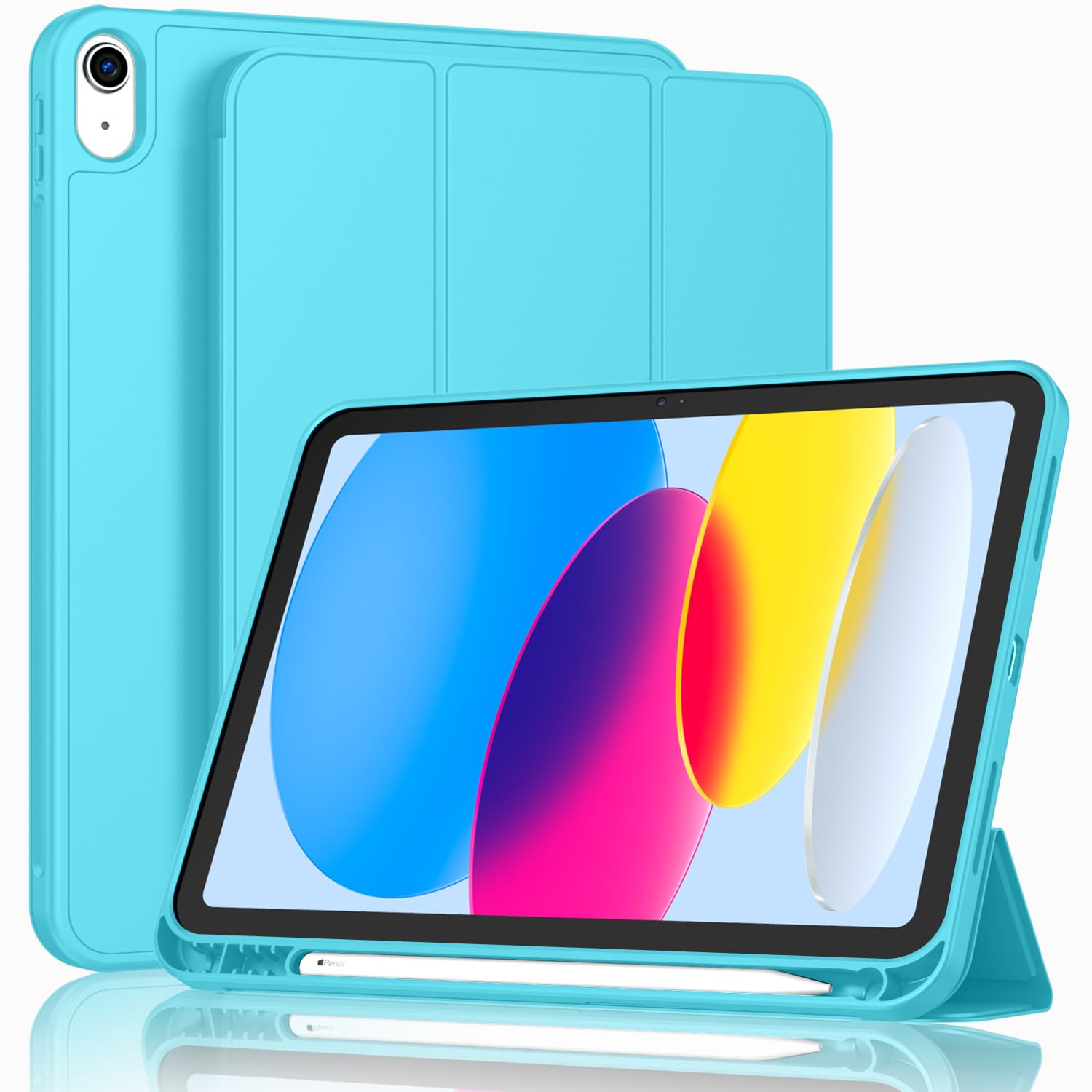ToaPoia Case for iPad (A16) 11 Inch 2025/iPad 10th Generation 10.9 Inch 2022, Slim Trifold Stand Protective Cover with Pencil Holder and Soft TPU Back,Support Auto Sleep/Wake (Cyan)