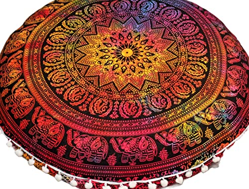 Craft Kala Round Mandala Boho Pillow Meditation India Room Seating Poufs For Living Room Yoga Room Home Décor Bedroom Balcony Garden Party Decoration Cotton Floor Cushion Cover (22", Multi Elephant) #TOP15