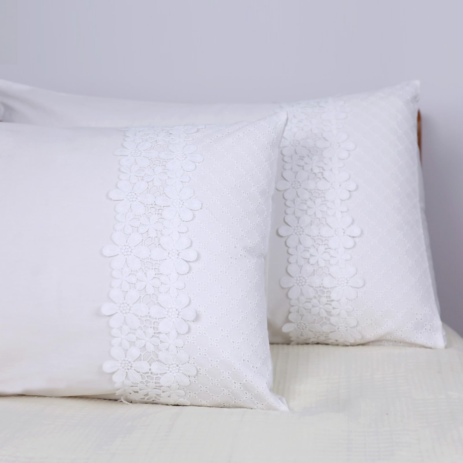 YINFUNG Eyelet Pillow Shams White Flower King Lace Shabby Chic Pillowcases French Country Elegant Cotton Embroidered Crochet Floral