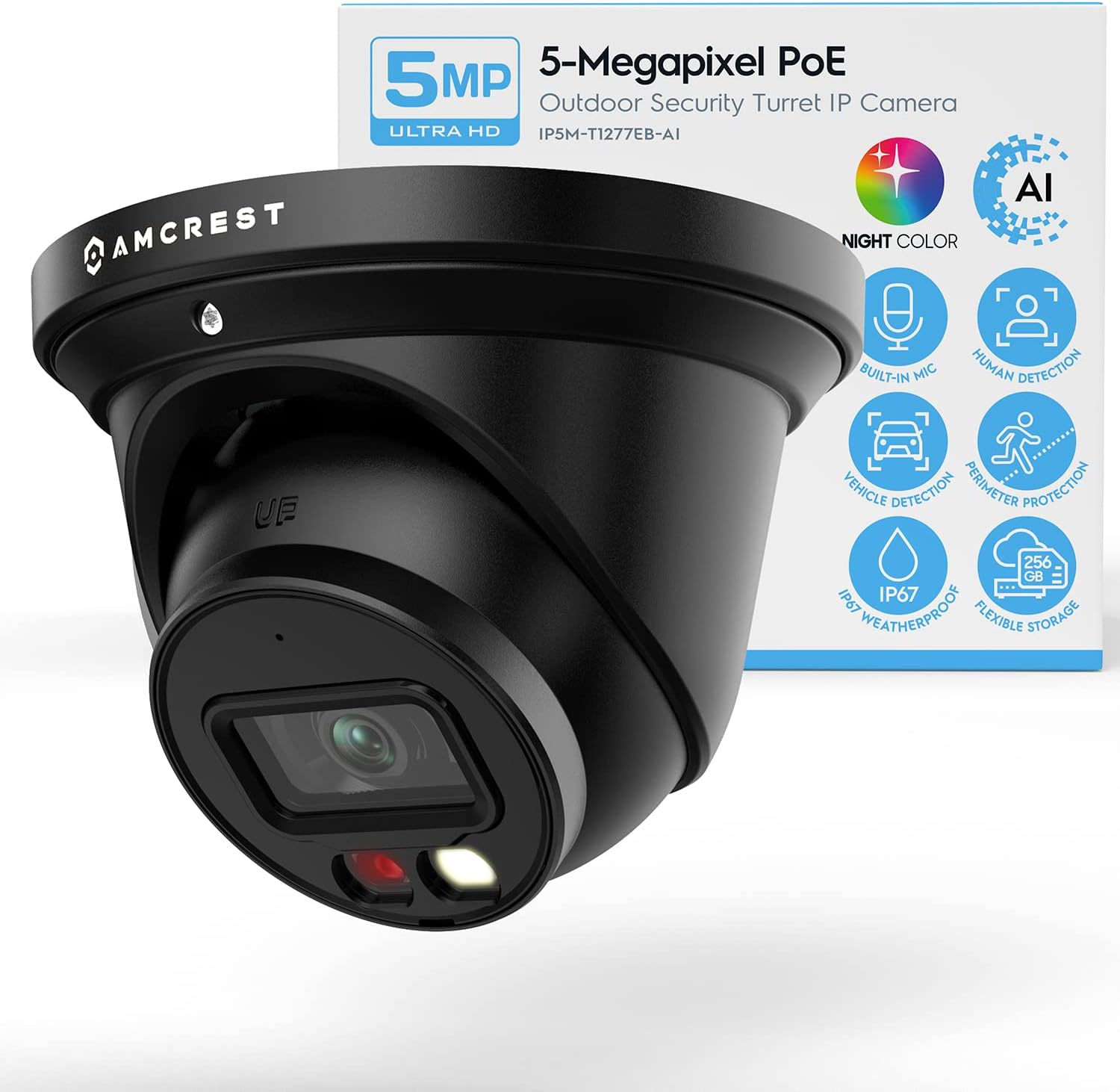 Amcrest5MP AI Turret IP PoE Camera w/ 49ft Nightvision, Security IP Camera Outdoor, Built-in Microphone, Human & Vehicle Detection, Active Deterrent,129° FOV, 5MP@20fps IP5M-T1277EB-AI
