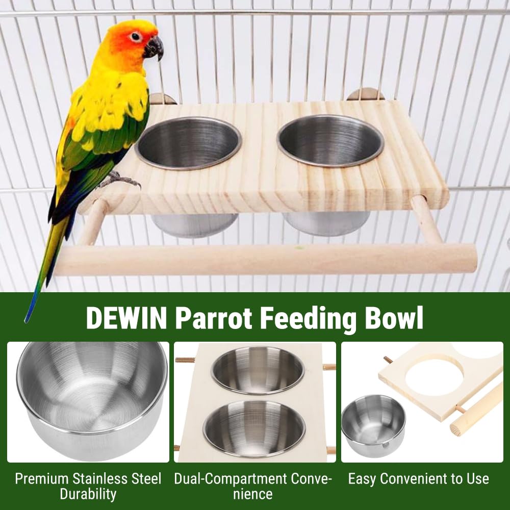 DEWIN Bird Feeding Bowl for Cage,Stainless Steel Parrot Feeding Bowl Parrot Water Feeder with Stand for Pet Birds Parakeet Conure Cockatiels Finches Silver 6.3x7.9in (Double Bowl) - Image 3