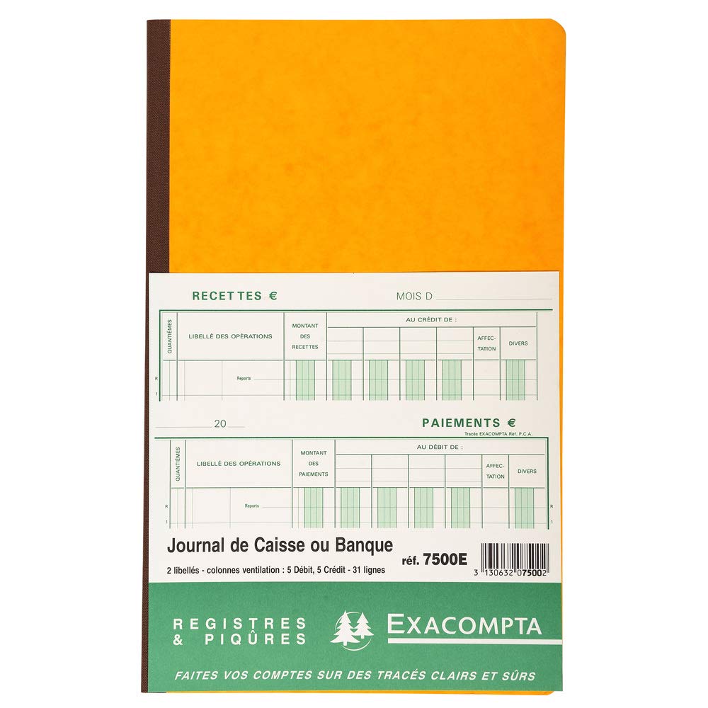 Exacompta - Réf. 7500E - 1 Piqûre JOURNAL DE CAISSE OU BANQUE - 2 libellés - 5 Débit et 5 Crédit - 31 lignes - 80 pages foliotées - format 320x195 mm - 4 couleurs aléatoires, jaune, bleu, rouge, vert