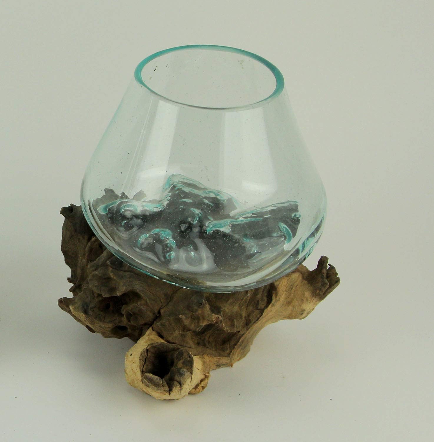Clear Molten Glass On Teak Driftwood Base Decorative Bowl Vase Terrarium Planter