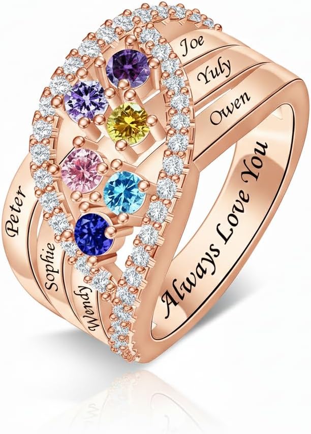 Personalized 1-6 Birthstones Promise Ring for Women Custom Birthstones Mother Rings Solid 10K/14K/18K White Yellow Rose Gold Engraved Names Engagement Mother Day Rings for Her Wife Mom