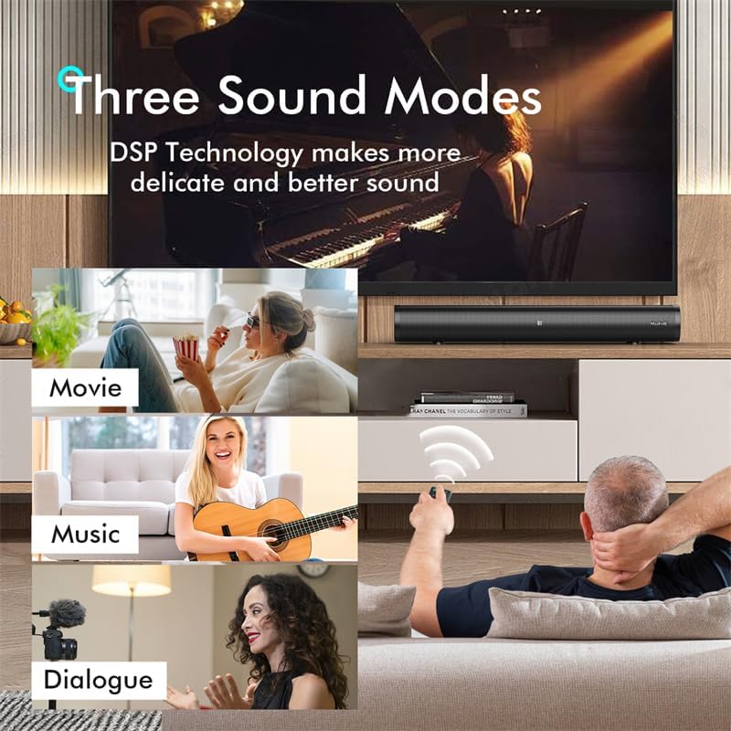 Miniatura 4 de Mufoli Barra de sonido para TV de 60 vatios pequeña barra de sonido envolvente de 16 pulgadas, altavoces de barra de sonido para TV, cine en casa y