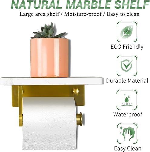 Miniatura 2 de Soporte de papel higiénico de mármol con estante, soporte de papel higiénico de acero inoxidable con tornillo de acero inoxidable montado en la