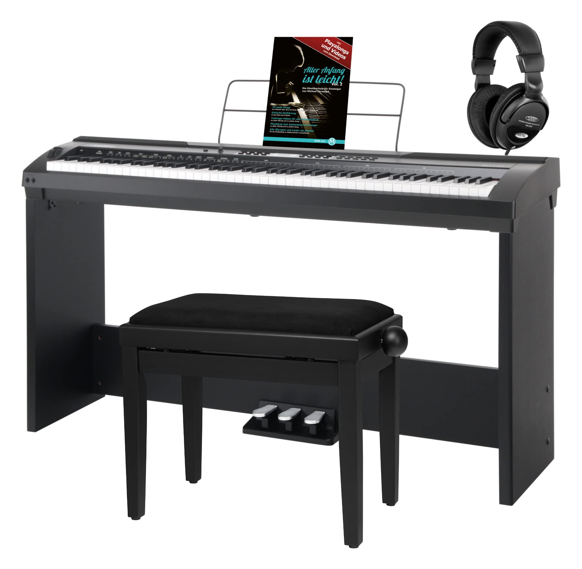 Classic Cantabile SP-150 BK Stagepiano schwarz Deluxe Set inkl. Ständer | 88 Soft-Touch Tasten mit Anschlagdynamik, Max. Polyphonie: 64 Stimmen, 20 Voices, 60 Songs, 50 Styles, 2 Demo, Tune, Metronom