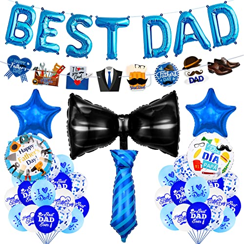 Fathers Day Balloons Decorations Set, Fathers Day Decorations Kit Includes Fathers Day Latex Balloons, Best Dad Foil Balloons, Banner, Bowtie, Tie Foil Balloon For Fathers Day Papa Party Supplies #TOP5