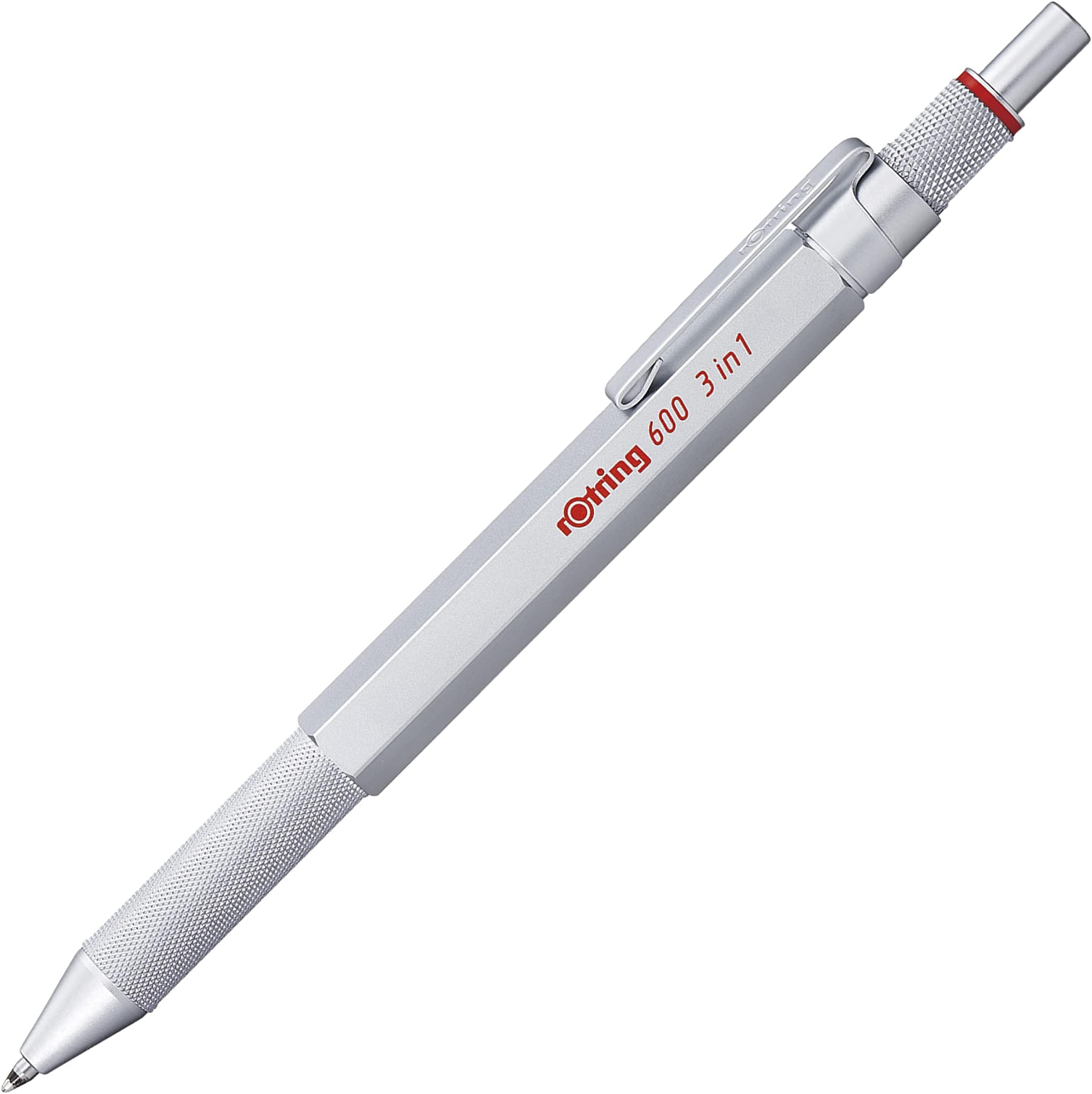 Rotring 600 3-in-1 Multicolour Pen and Mechanical Pencil Black & Red Ballpoint Pen Tips 1 Mechanical Pencil Tip (0.5mm) Silver Barrel