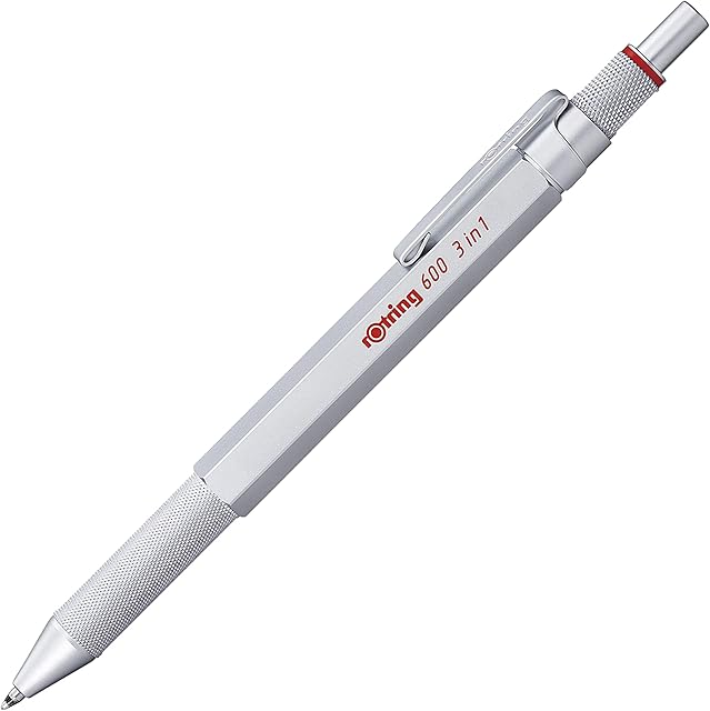 rOtring 600 3-in-1 Multicolour Pen and Mechanical Pencil | Black & Red Ballpoint Pen Tips | 1 Mechanical Pencil Tip (0.5mm) | Silver Barrel