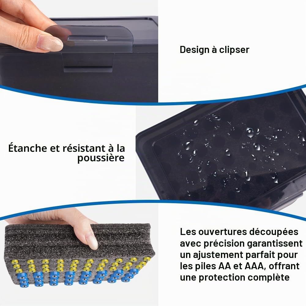 Boîte de Rangement pour 24 Piles AA et 30 AAA, Matériau Translucide Noir | Organiseur Portable en Plastique, Boîtier de Batterie Résistant à L'humidité et à la Poussière, Dur étui pour Pile