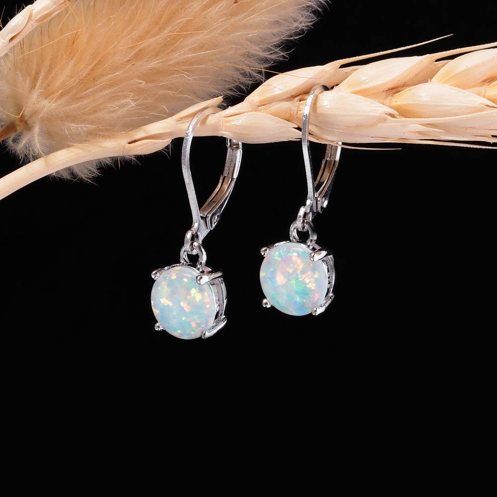 CiNily Round-Cut Opal Dangle Earrings, Green Fire Opal Rhodium Plated Women Jewelry Leverback Gemstone Drop Earrings