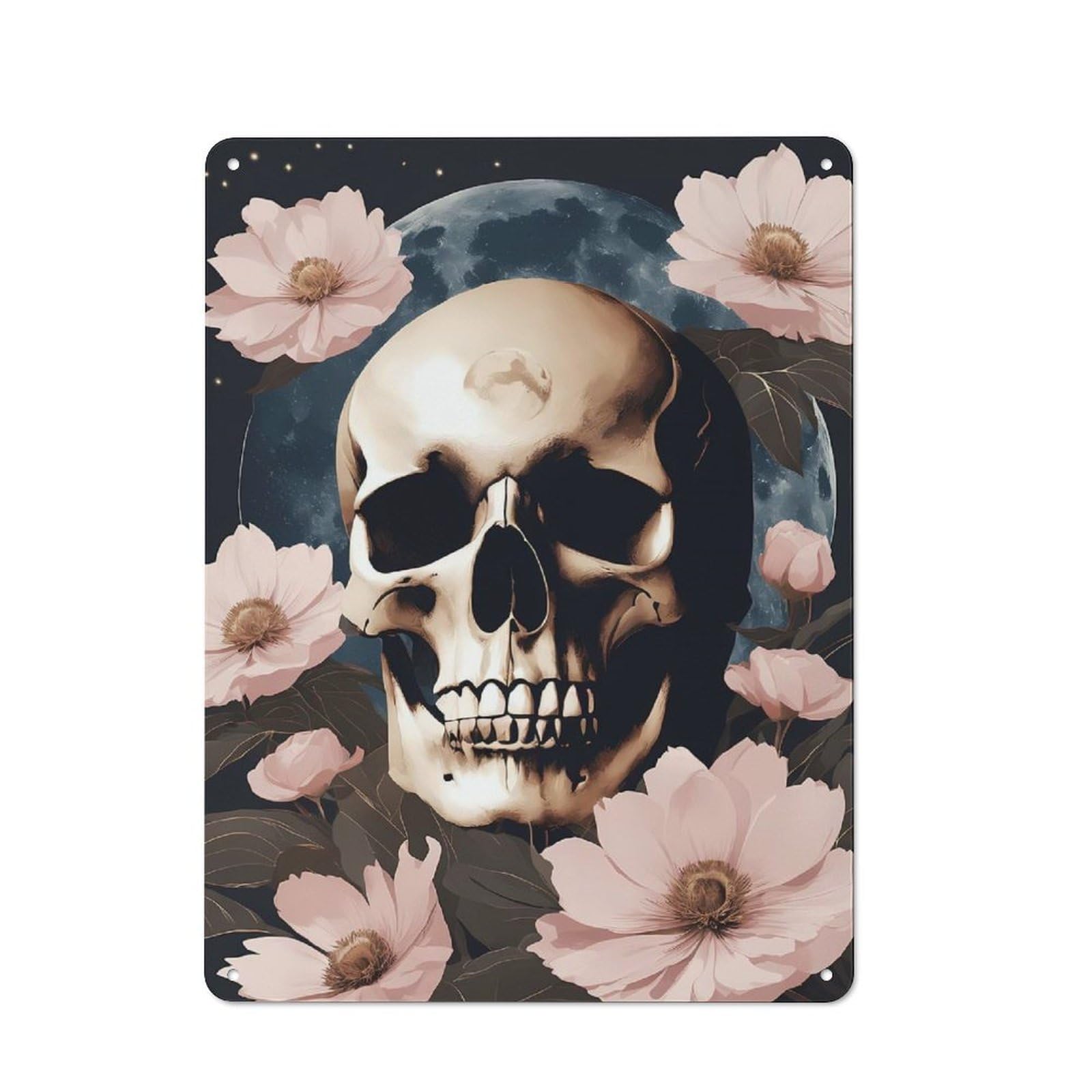 Junmoney Floral Skull Metal Wall Sign 40X30cm Featuring For Hallway Wall, For Kitchen, Dining Room And Home Bar Wall Decor