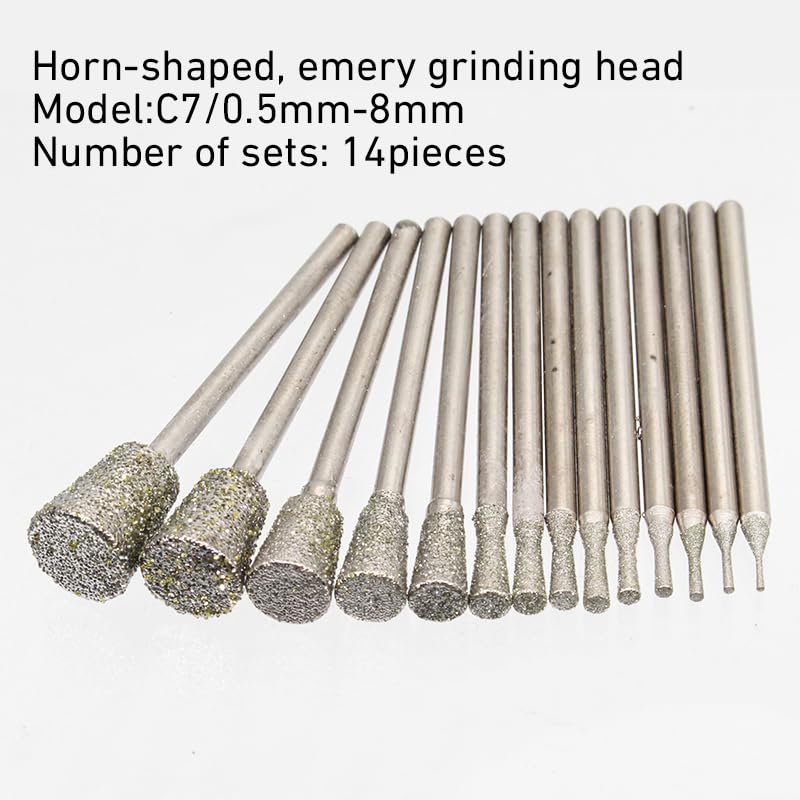 C7:C7 0.5-8 (14zhi) 14 Pieces Flared Shape Sanding Wand Carving Grinder Diamond Sanding Tool for Sharp, Good Use Diamond Drill Bit - 3/32 Inch Shank, Stone Engraving Tool for Electric Rotary Tool