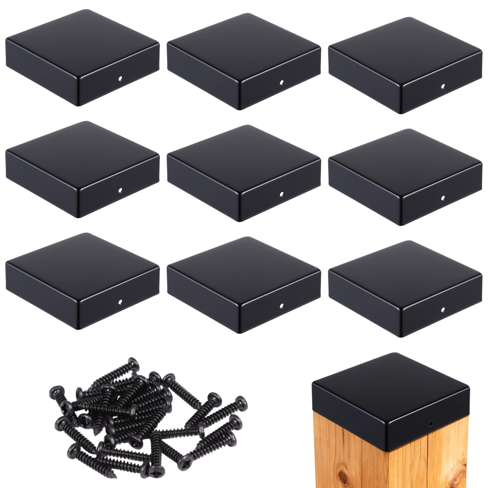 10 szt. 4 x 4 zaślepki słupkowe ze śrubami, czarne metalowe nakładki na słupki drewniane 8,9 x 8,9 cm, stal ocynkowana, odporna na warunki atmosferyczne osłona na pokłady, werandę, korytarze i inne