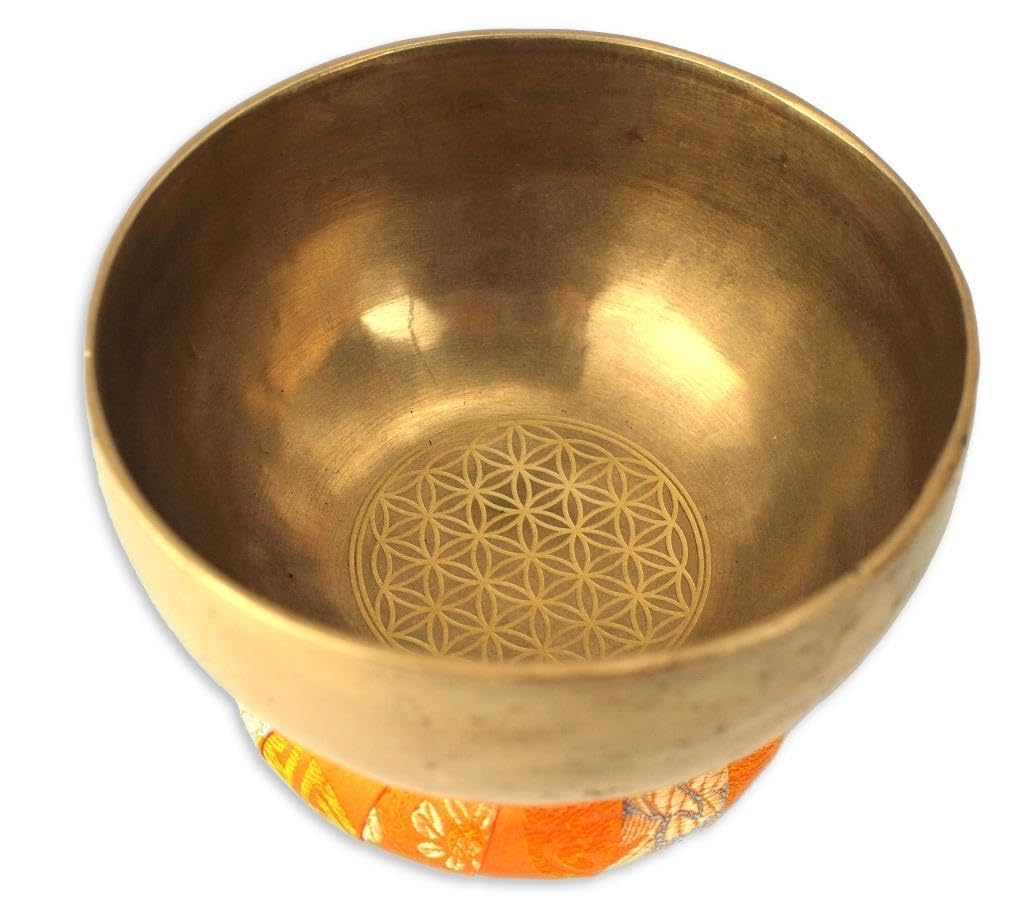 Klangschalen-Set mit Gravur Blume des Lebens Größe L: Traditionelle Klangschale mit Gravur Blume des Lebens (Blume des Lebens Set in Box)