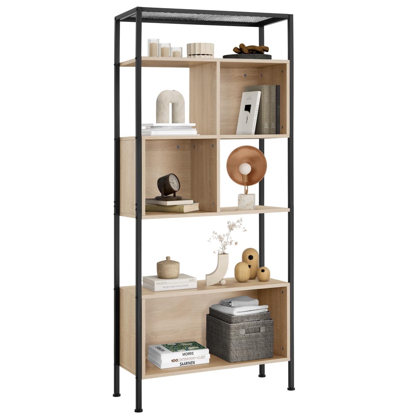 tectake® Estanteria Metalica, 4 Estantes, 5 Compartimentos, Estanterias Almacenaje, Muebles de Salon, Mueble Recibidor - 75 x 31 x 170,​5 cm Madera Industrial Clara, Roble Sonoma
