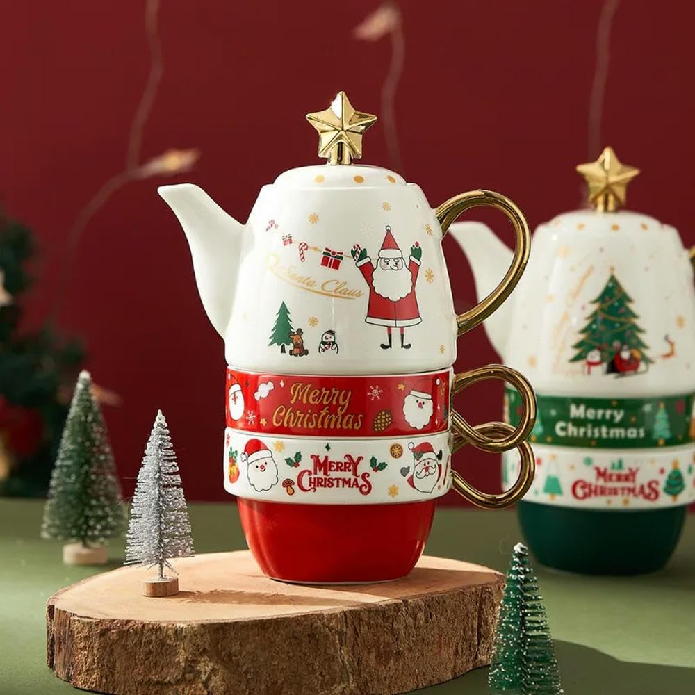 ZBDZSW Świąteczny ceramiczny czajniczek zestaw filiżanek do herbaty z pudełkiem na prezent Święty Mikołaj / łoś kreskówka filiżanka do kawy dekoracja domu prezenty