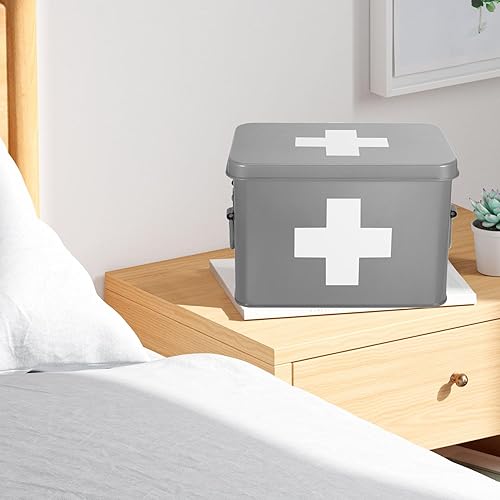 Miniatura 6 de Flexzion Caja de medicamentos, caja de farmacia doméstica, 13.0 x 8.3 x 7.5 in, caja de almacenamiento de medicamentos de metal para emergencia,