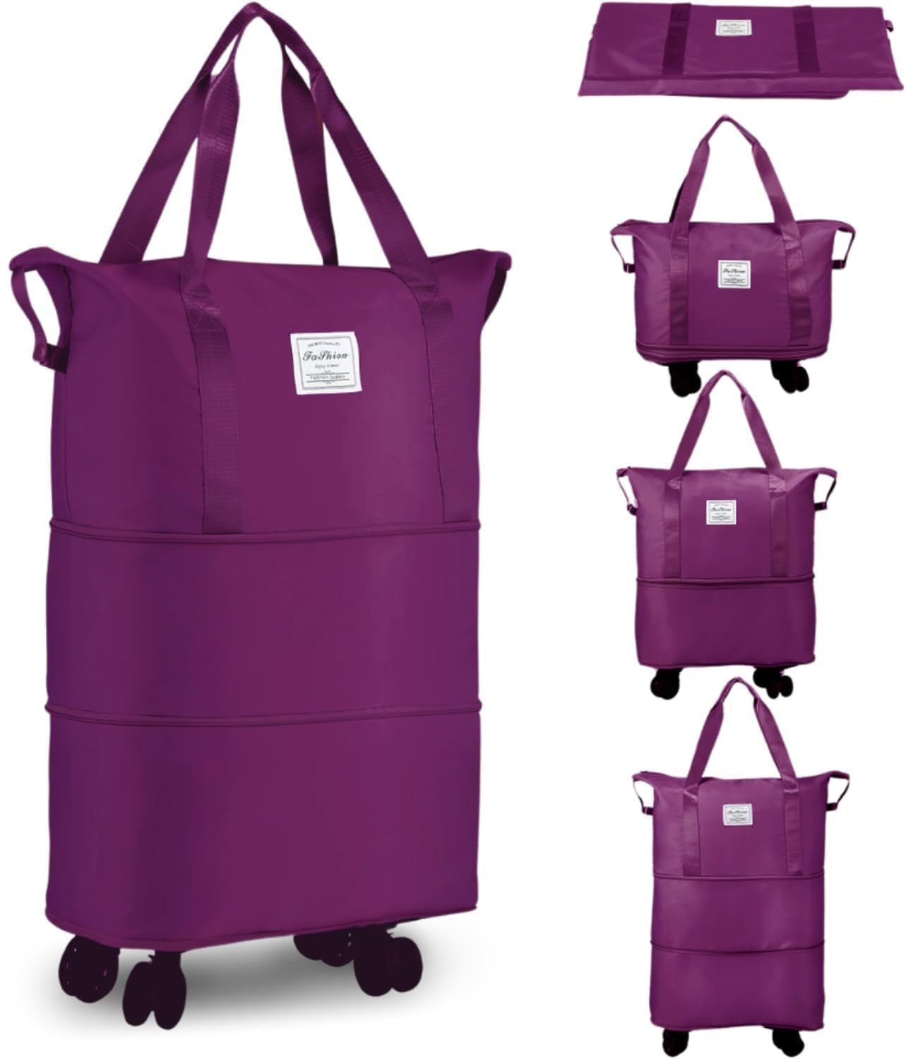 Expandable Rolling Duffle Bag with Wheels, Purple Travel Trolley Bag, Foldable High Capacity Luggage Tote with Wheels, Anti Splash Buffalo Cloth, Lightweight Multifunctional-image-20