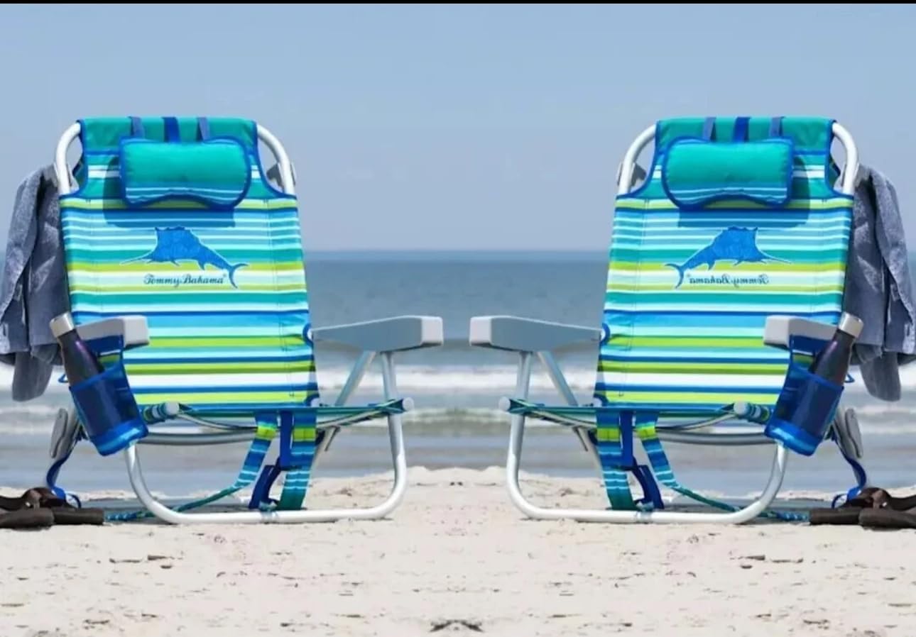 Tommy Bahama 5 Position Beach Chair, Zippered Insulated Cargo Pouch, Cup and Cell Phone Holders, Towel Bar, Pillow for Extra Comfort, Heavy-Duty Weight Capacity, 2-Pack (Aqua Stripes)
