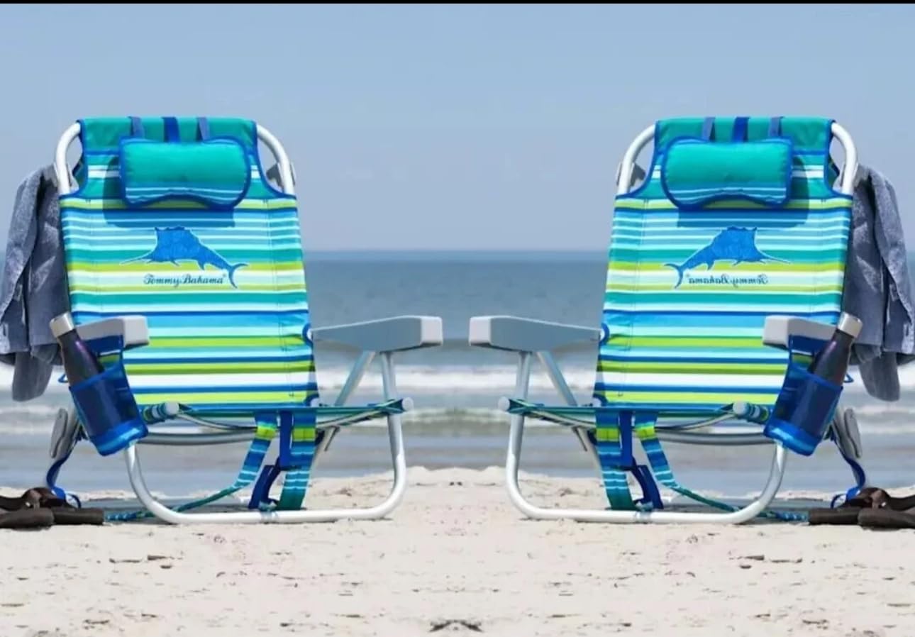 Tommy Bahama 5 Position Beach Chair, Zippered Insulated Cargo Pouch, Cup and Cell Phone Holders, Towel Bar, Pillow for Extra Comfort, Heavy-Duty Weight Capacity, 2-Pack (Aqua Stripes)