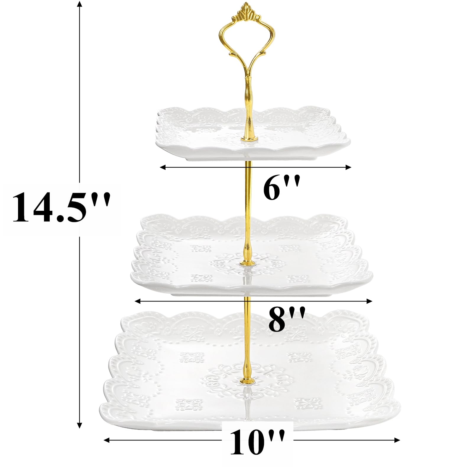 Tebery Lot de 2 présentoirs à gâteaux en céramique blanche à 3 étages avec poignée de transport dorée