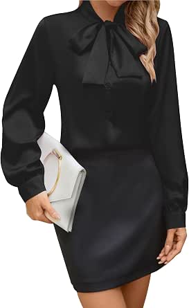 Blusa De Satén Con Lazo Para Mujer - Manga Larga Elegante Para Oficina Y Eventos - Colores Negro, Caqui, Rosa, Blanco