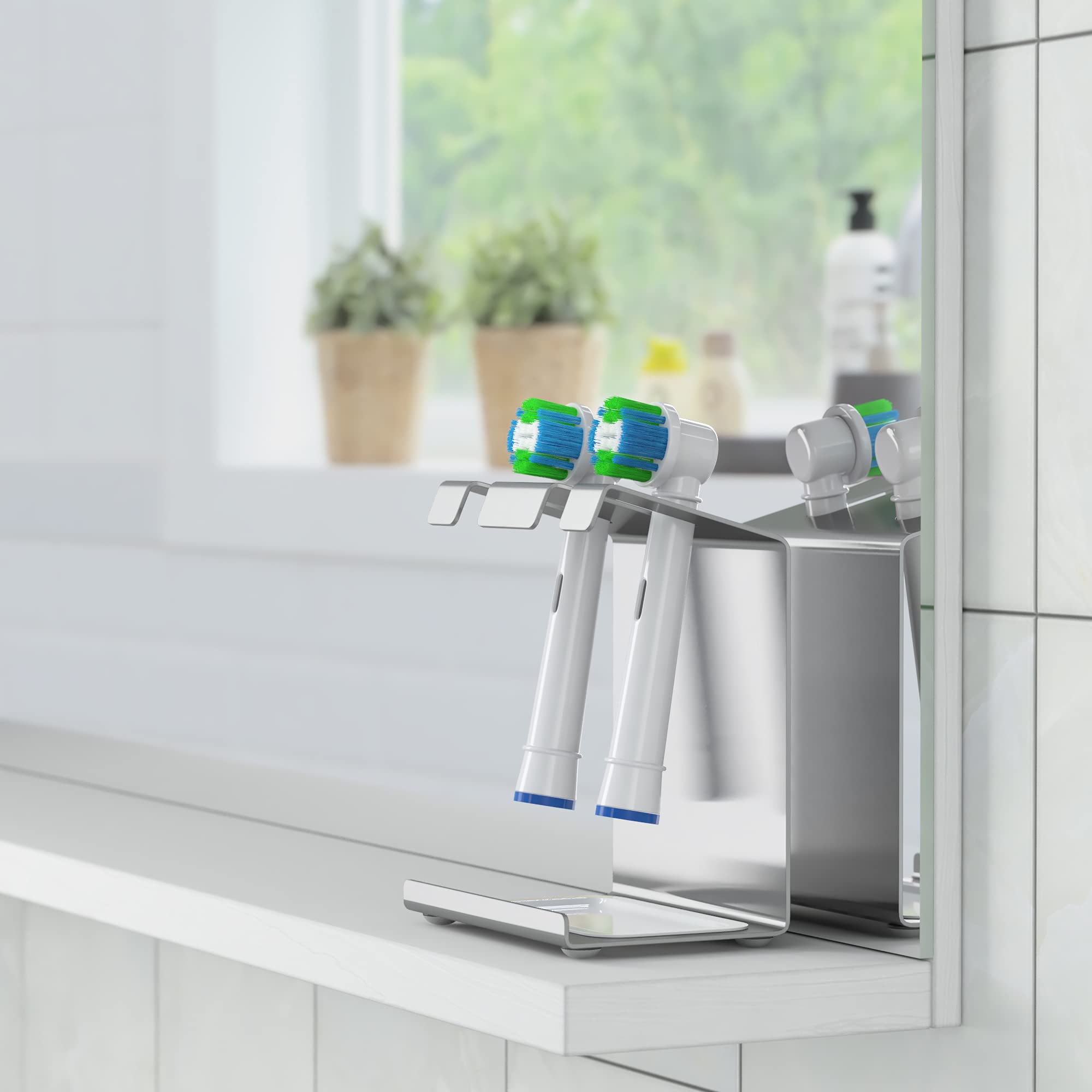 portaspazzolini in acciaio inossidabile con vaschetta raccogligocce | compatibile con Oral-B, iO, Philips Sonicare, Waterpik, Fairywill | portaspazzolini (per 2)