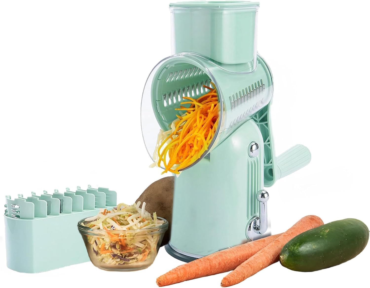 Chef Power's 5 in 1 Rotatory Cheese Grater - Premium Quality Hand Cheese Grater With Handle - Food Chopper for Kitchen - Light Green