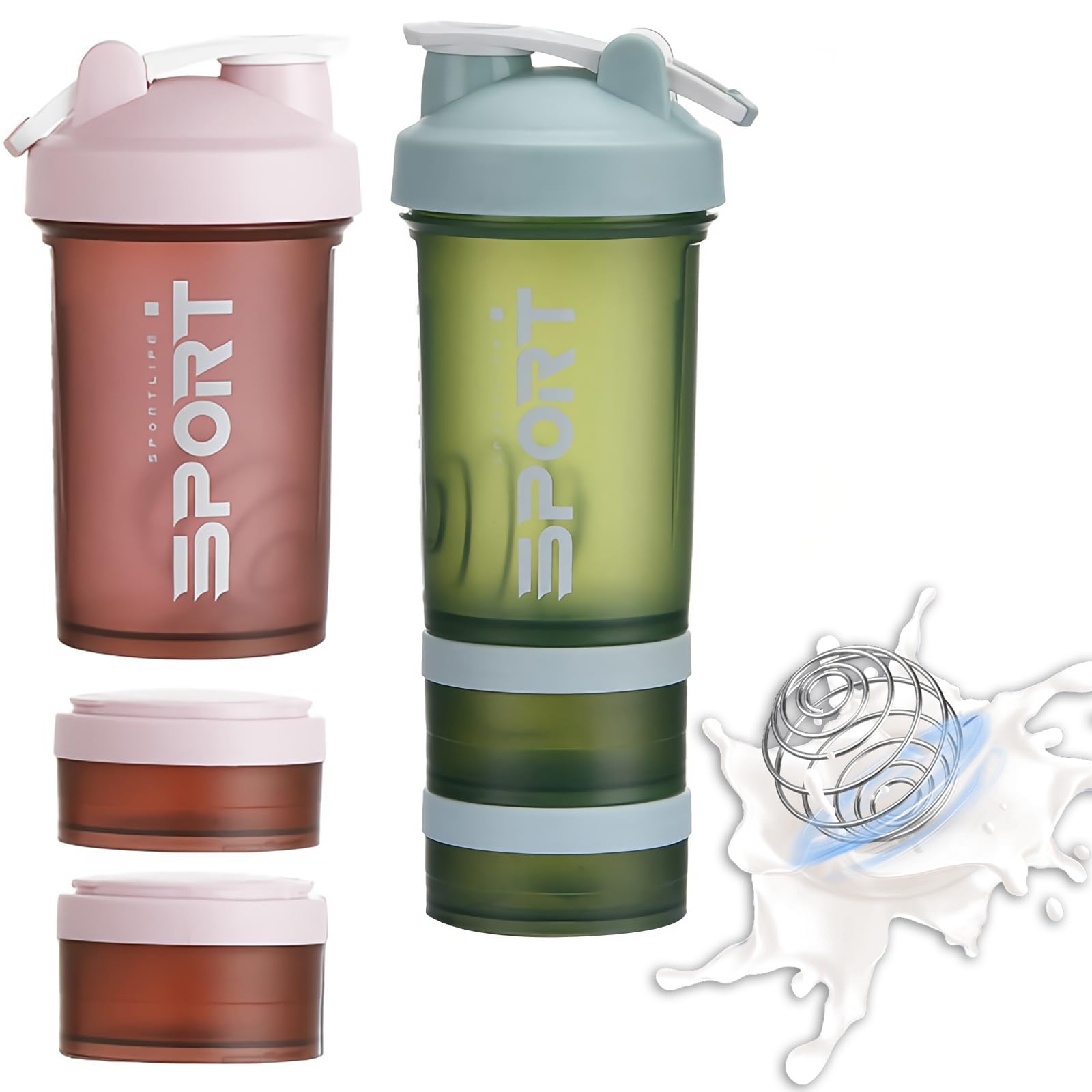EYSOO Protein Shaker Bottle 2 Pack 500ml / 17oz Shaker Bottle for Protein Mixes Leak-proof BPA Free 3-Layer Protein Shaker with Supplement Pill Storage Container Gym Shaker Cup (Green & Pink)