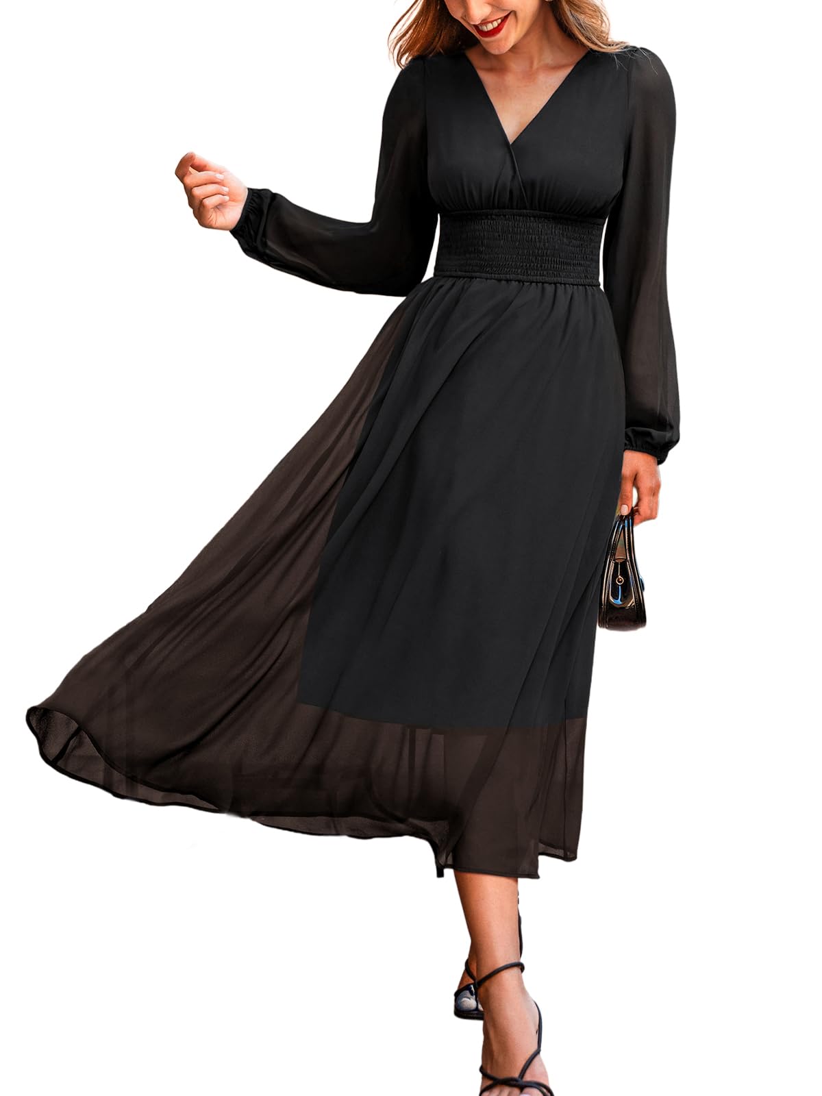 Women's Fall V Neck Long Sleeve Maxi Dresses Smocked Waist Elegant Cocktail Wedding Guest Dress