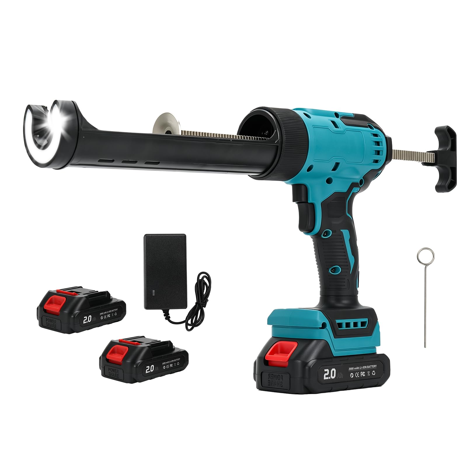 Pistola de calafateo inalámbrica de 18 V, aplicador eléctrico de silicona para cartuchos de 300 ml con 2 baterías, 6 velocidades ajustables, luz LED, antigoteo para llenado y sellado