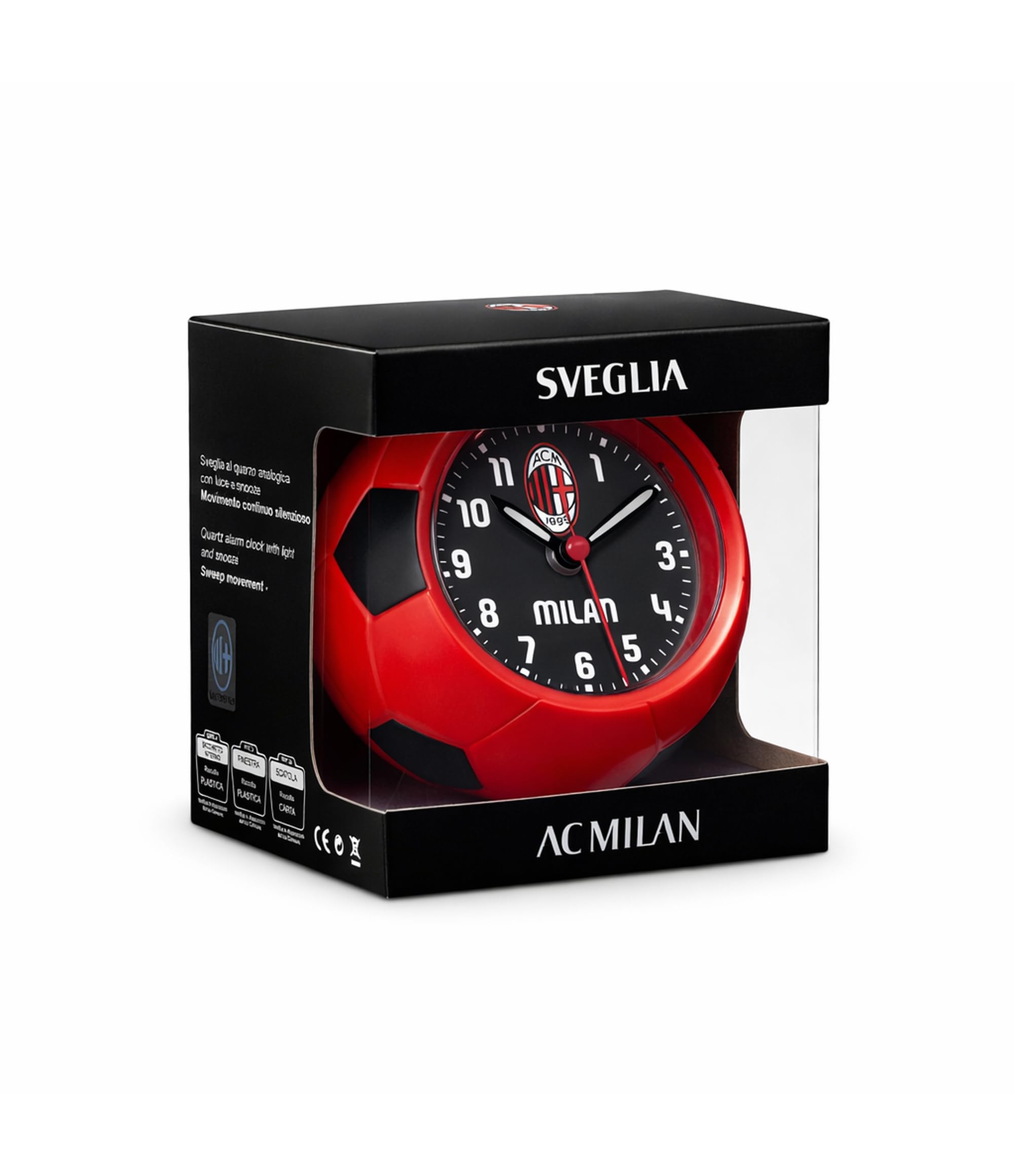 Seven Sveglia pallone da calcio A.C.MILAN al quarzo con movimento continuo, Prodotto ufficiale, Calcio, Idea regalo bambini e adulti