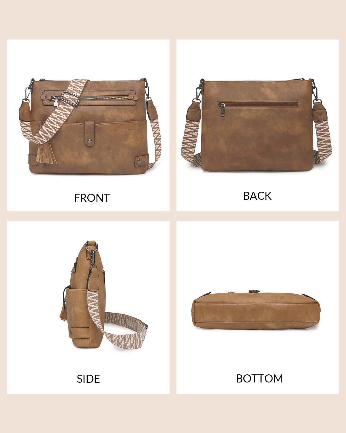 Bolsos Bandolera Mediano para Mujer, Bolso Cruzado de Diseño en Piel Vegana con Borla y Correa Ancha de Estilo Boho, Bolso de Hombro de Moda con Múltiples Bolsillos