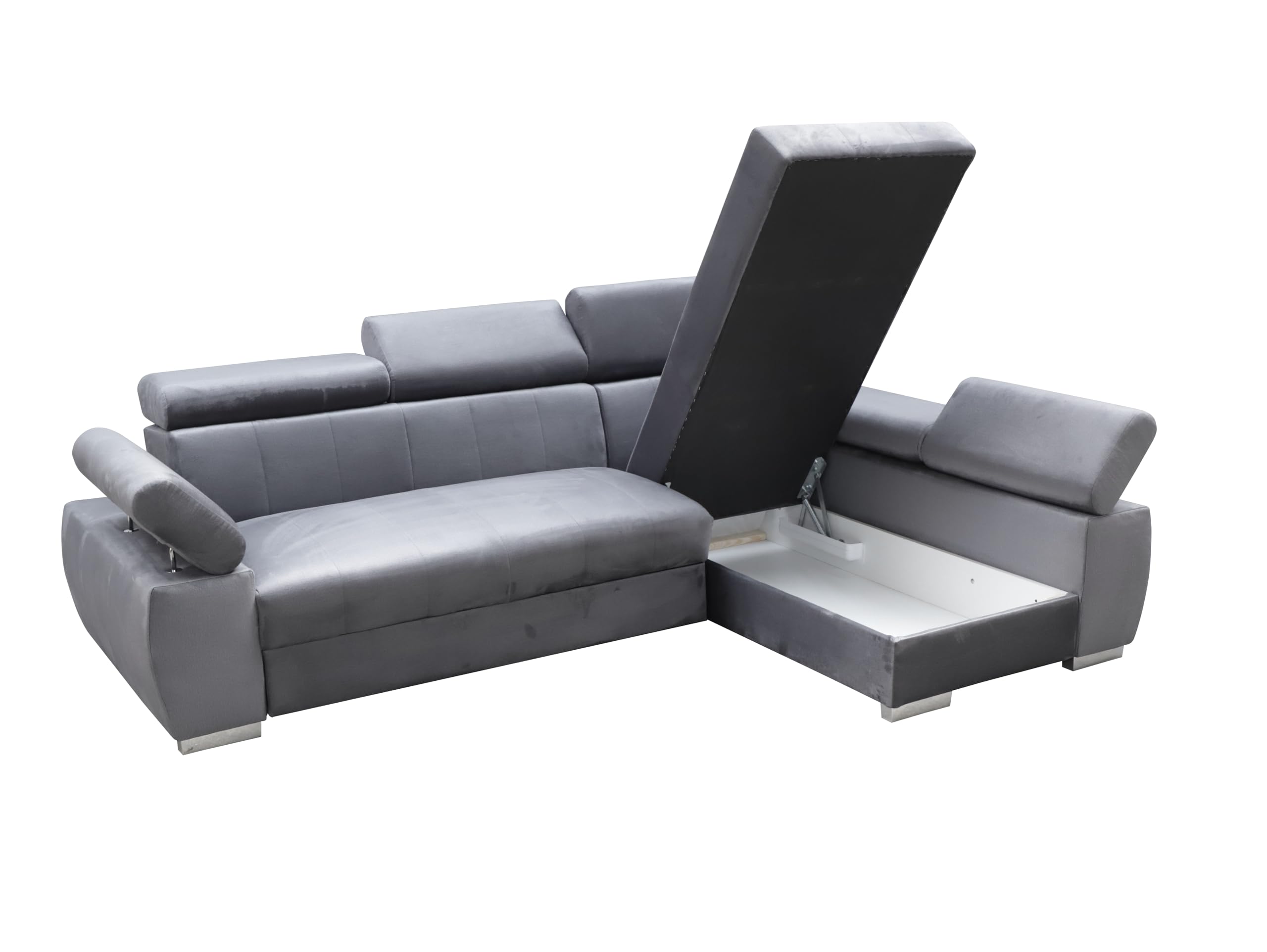 Ecksofa OTTO, Eckcouch mit Schlaffunktion, Federkern, Verstellbare Kopfstützen, Einfacher Klappmechanismus, Bettfunktion, Zusätzlicher Stauraum, Plüsch Grau, Rechts