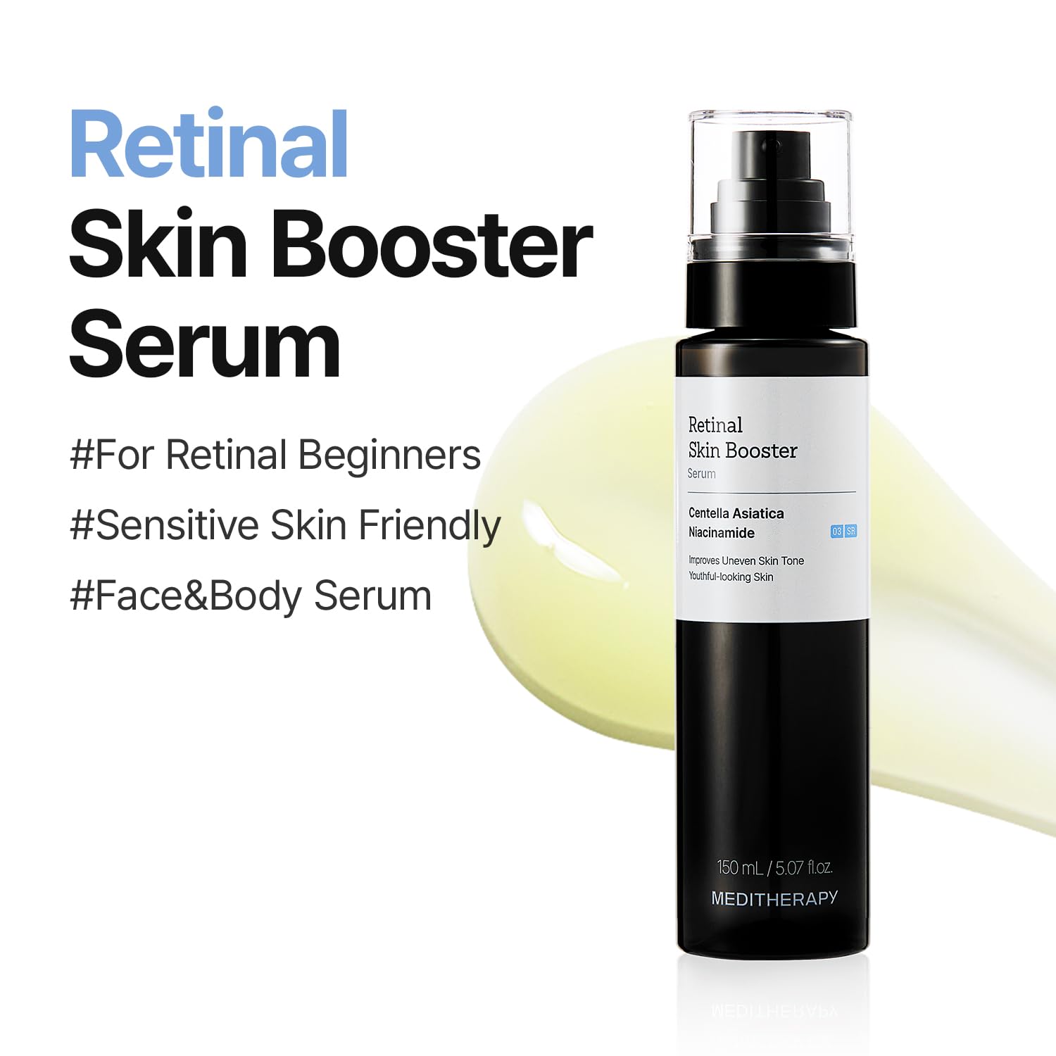 MEDITHERAPY Sérum Retinal Skin Booster, Adapté Aux Débutants, Anti-Âge, Rétinol Non Irritant Pour Le Visage Et Le Corps, Minimise Les Pores, Traitement Des Rides, 150 Ml, Jaune