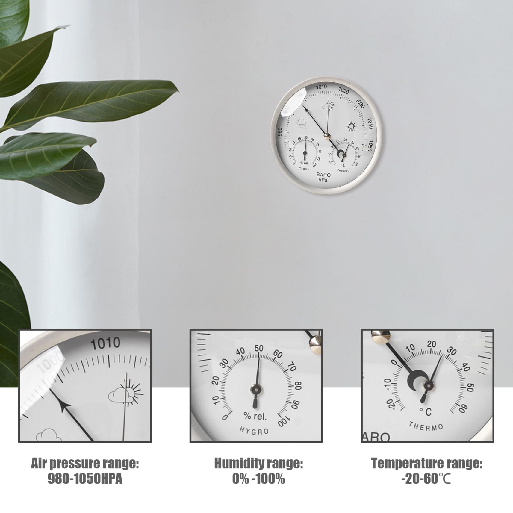 Baromètre 3 en 1, manomètre barométrique de 5,2 pouces, baromètre météo mécanique avec trou de suspension, baromètre à échelle claire, thermomètre hygromètre pour intérieur et extérieur, baromètre arg