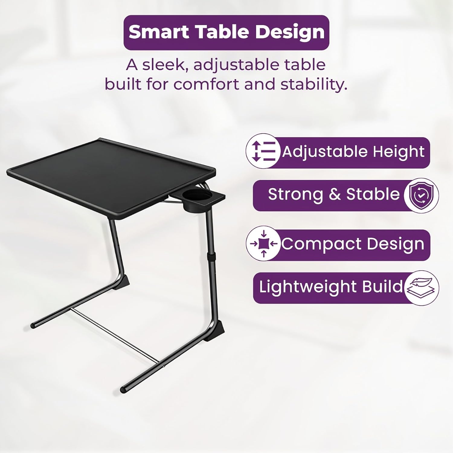 Portable Table Adjustable Folding Table, Lounge, Bedroom Furniture, Living, Tv, Multi Function With Cup Holder Bedside Livingroom Camper Van Camping Caravan Handy Black