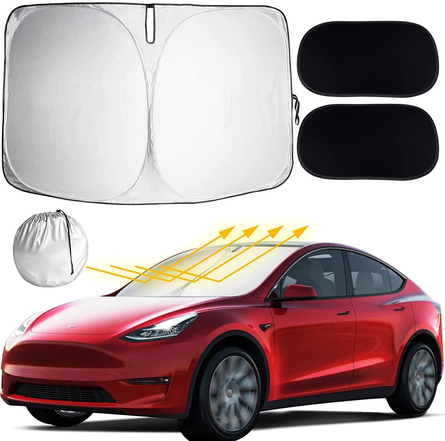 Moonmen Tesla Windshield Sunshade 240T Polyester Shield for Front & Side Window, Tesla Model 3/Y Sun Visor Protector with Storage Bag, Superior UV Heat Protection