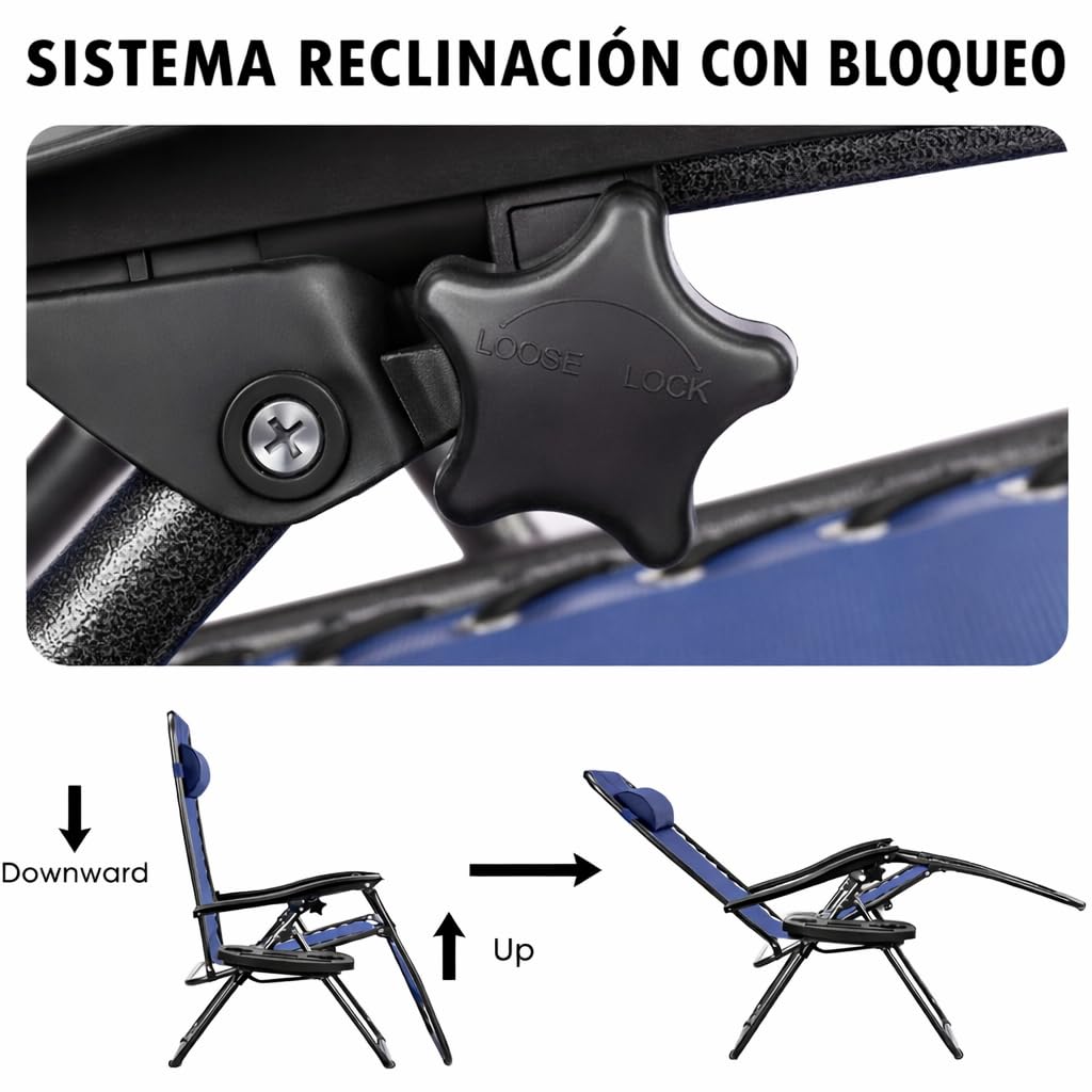 Pack 2 Tumbonas o Sillas de Exterior Plegables para jardín | Playa | Piscina o Terraza | Hamacas Reclinables Camping con Portavasos y Reposacabezas | Hasta 150kg | Silla plegable playa o Tumbona — view 9