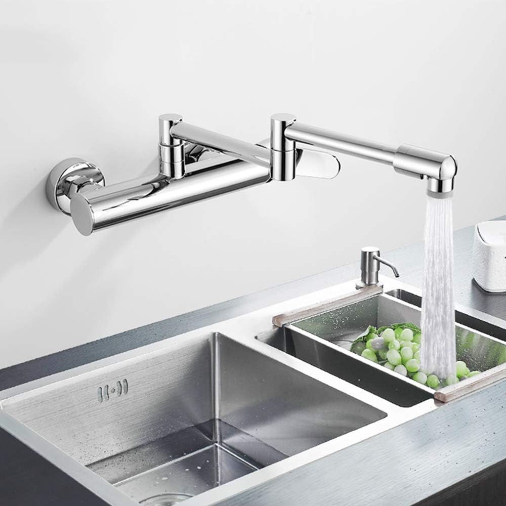 Folding Kitchen Faucet with Hot and Cold Water Brass 360° Swivel Pot Filler Faucet 2 Hole Single Handle Wall Mounted Kitchen Sink Mixer Tap,Chrome(Black)