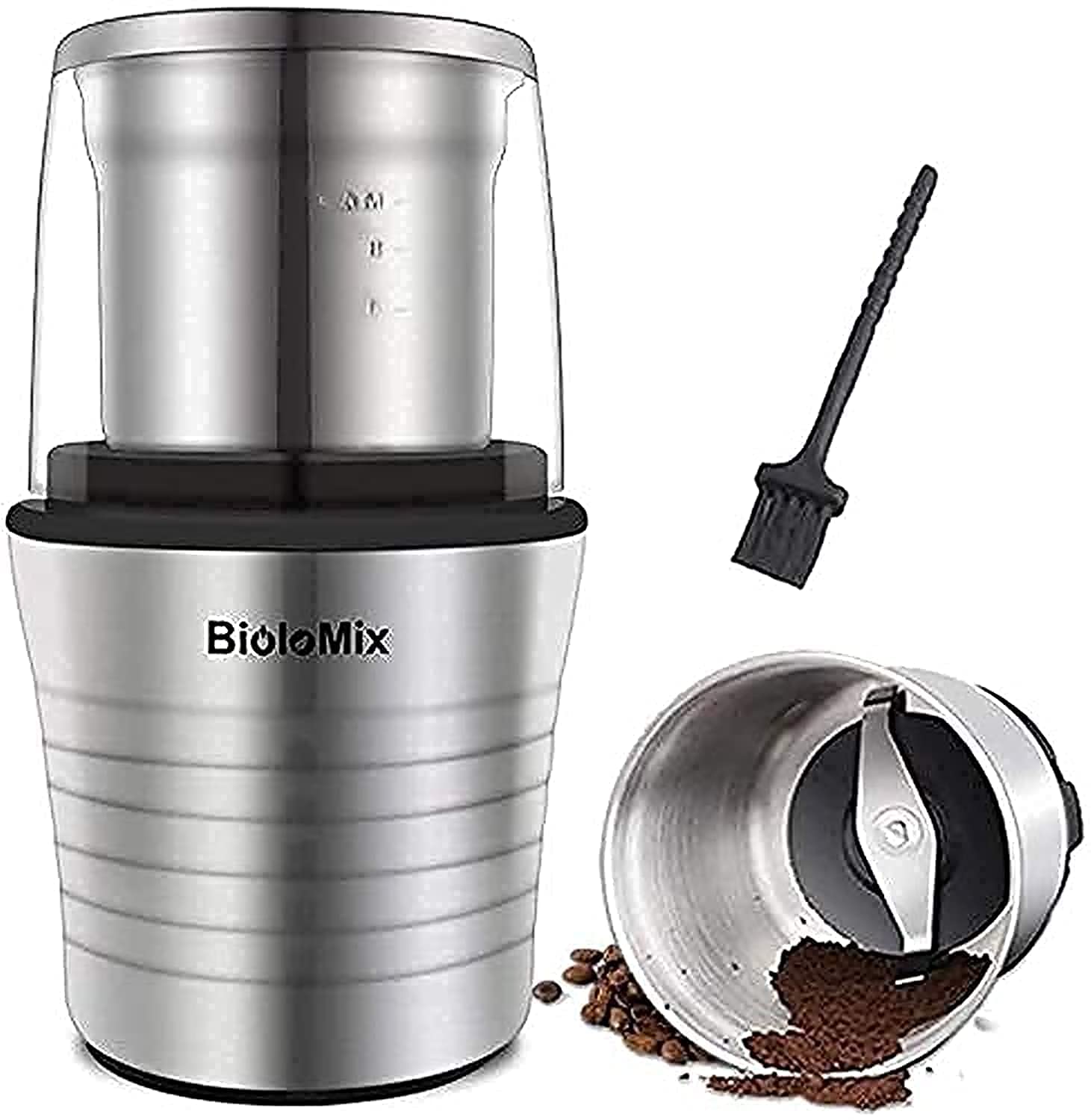 Biolomix 2-in-1 Wet and Dry Double Cups 300W Electric Spices and Coffee Bean Grinder Stainless Steel Body and Miller Blades