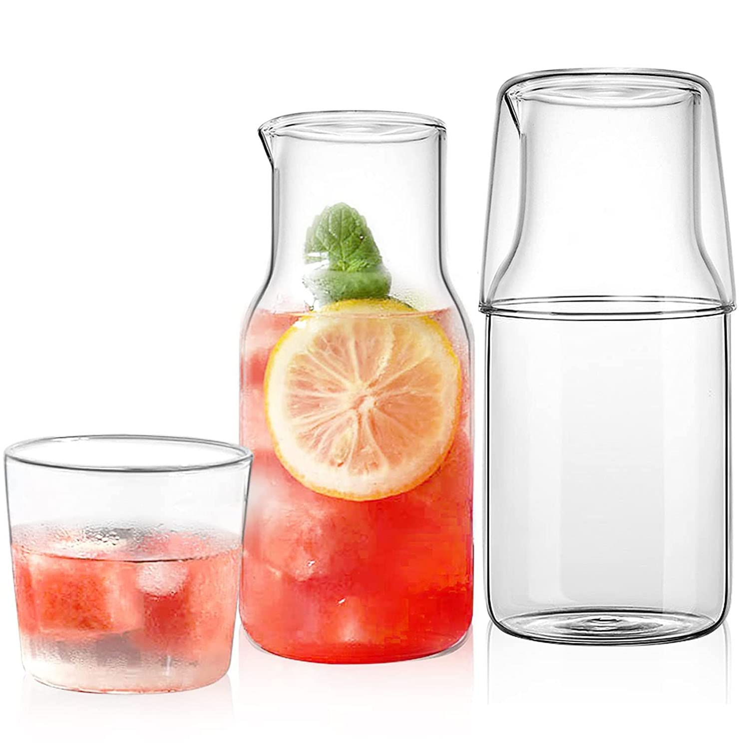 Angju 2 Sets Bedside Night Water Carafe with Tumbler Glass 560ml, Transparent, Modern, V-Shaped Water Outlet, Tumbler Lid/Cup, Heat & Cold Resistant Glass, Perfect for Bedroom, Bathroom, Living Room