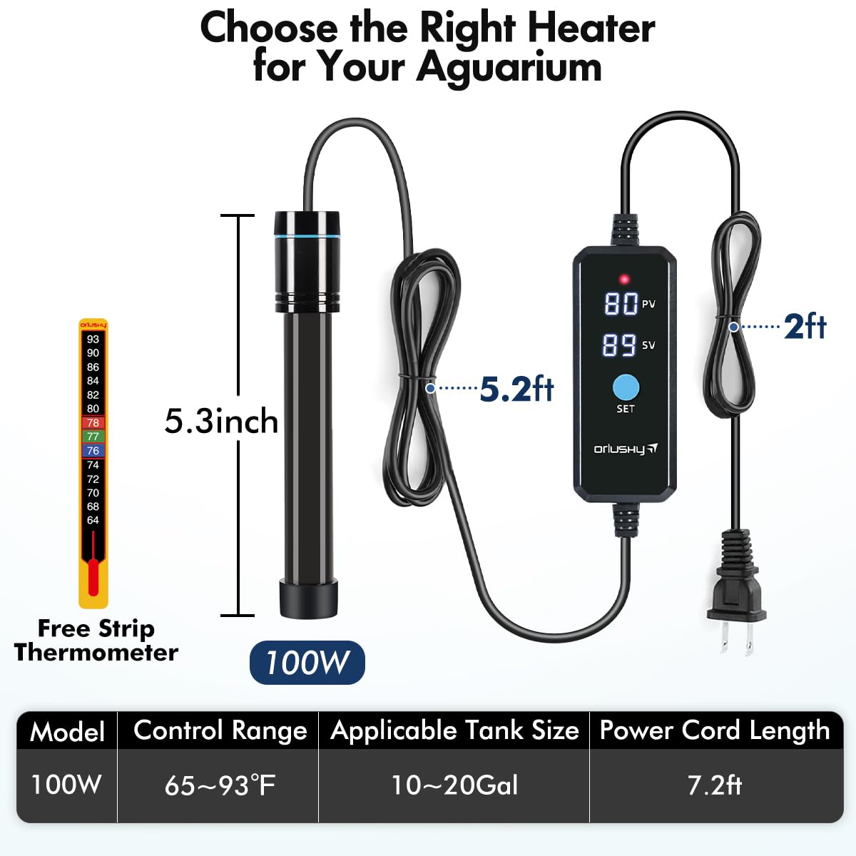 Orlushy 100 W Tauch-Aquarium-Heizung, verstellbare Aquariumheizung mit Digitalanzeige, externer Steuerung, Überhitzungsschutz und kostenlosem Thermometer für Süß- und Salzwassertank mit 3,5 - 7,8 l