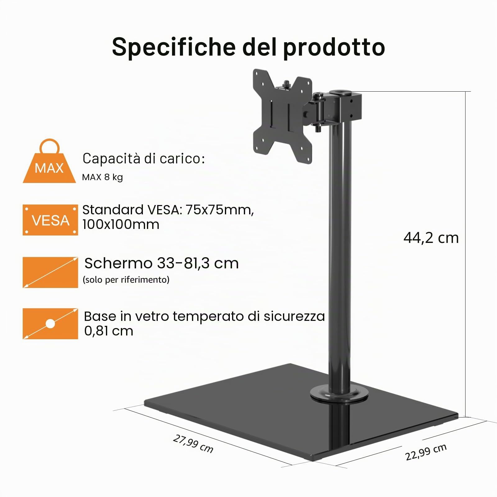 Pholiten Supporto per Monitor Singolo da Tavolo per Schermi PC da 13"-32", Autoportante Regolabile con Base in Vetro Temperato, Rotazione Inclinabile Girevole, Max VESA 100x100mm MLG7401