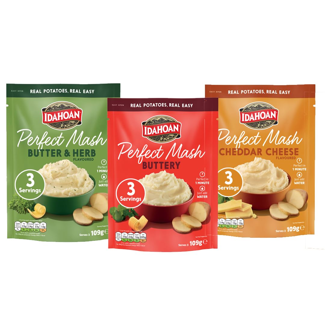 Idahoan Perfect Mash Potato Variety Pack of 3 x 109g - Instant Mashed Potato Butter & Herb, Buttery, Cheddar Cheese Mashed Potaoes Cooks in 1 Minute