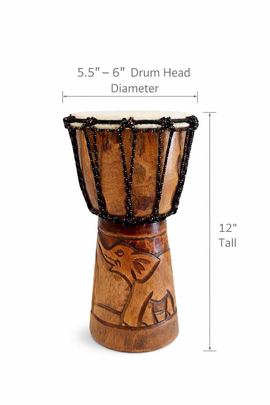 Djembe Drum Solid Wood Deep Carved Bongo Congo African Drum - 12" HIGH MED SIZE - Professional Quality - NOT MADE IN CHINA - JIVE BRAND (Elephant)